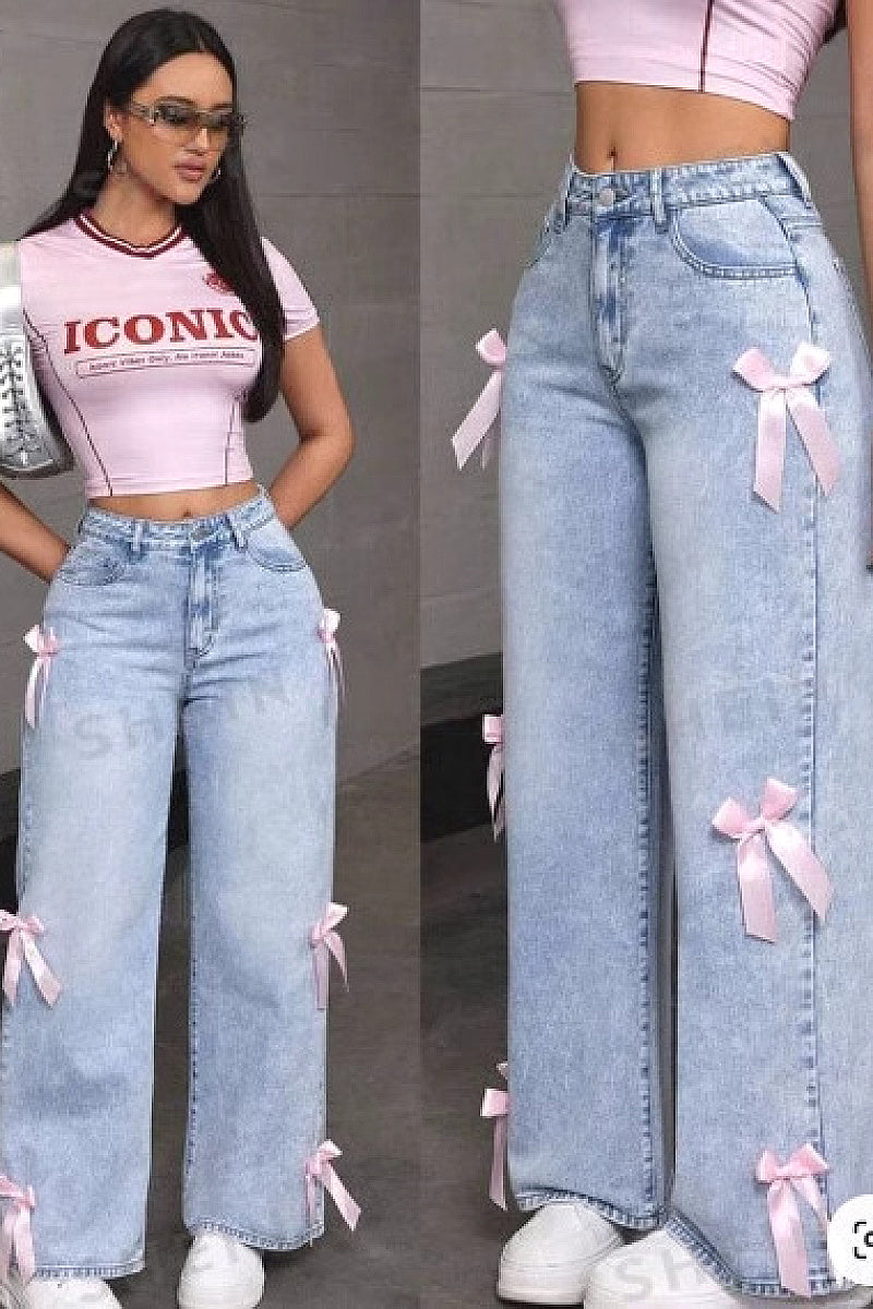 Y2K Butterfly Knot Denim Pants for Women