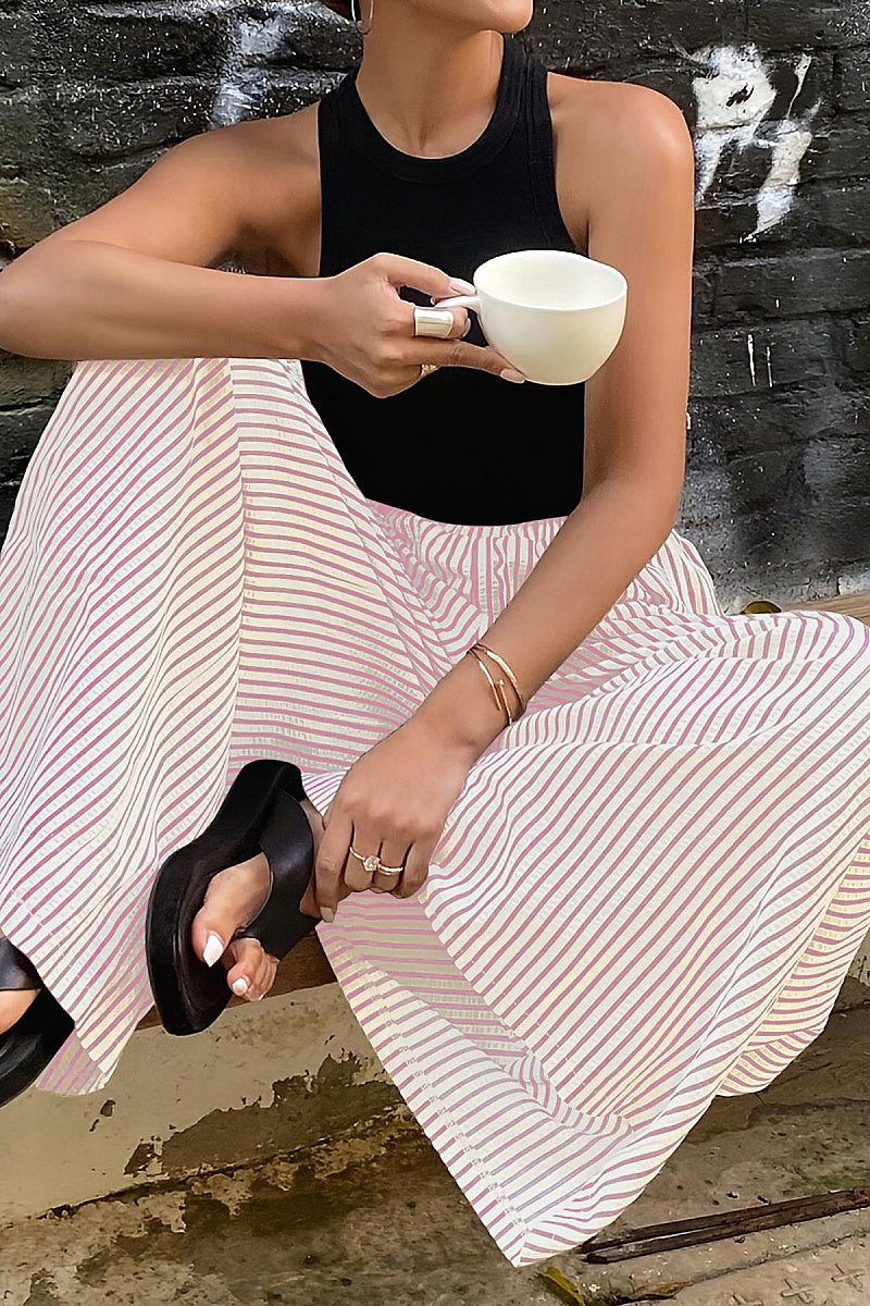 Trendy Striped Wide Leg Pants with Elastic Waist