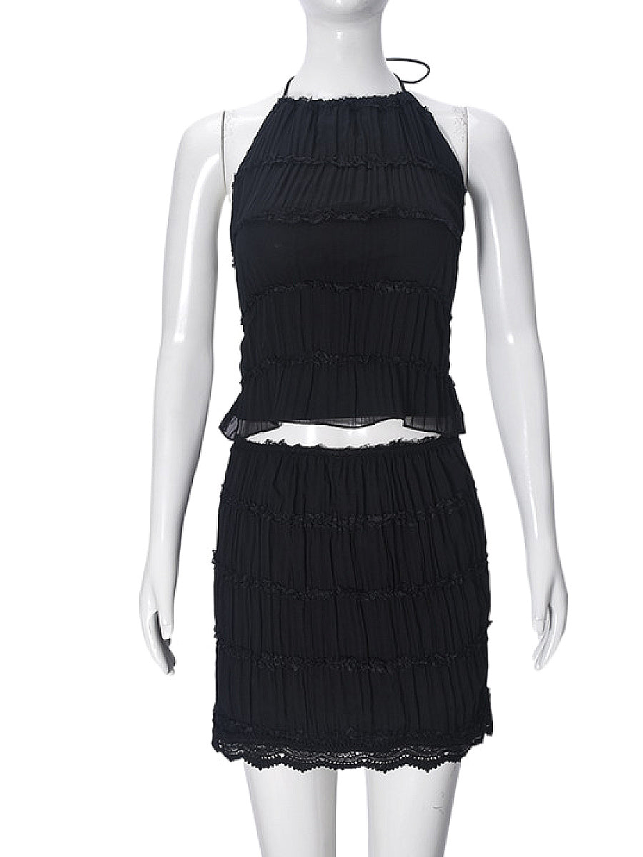 Sexy Hollow Ruffled Crop Top and Mini Skirt Set