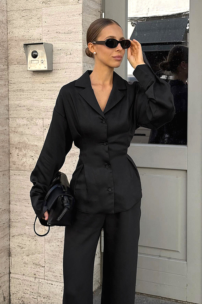 French Design Waist-Tie Long Sleeve Pants Set