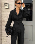 French Design Waist-Tie Long Sleeve Pants Set