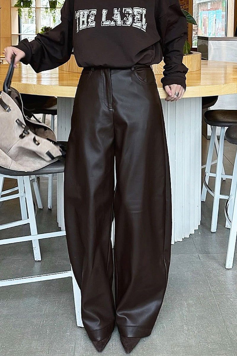 High Waist Brown PU Wide Leg Pants for Women