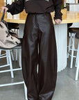 High Waist Brown PU Wide Leg Pants for Women