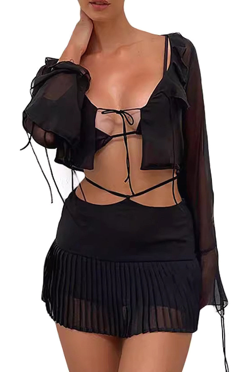 Chic Ruffled Long Sleeve Chiffon Top and Skirt Set