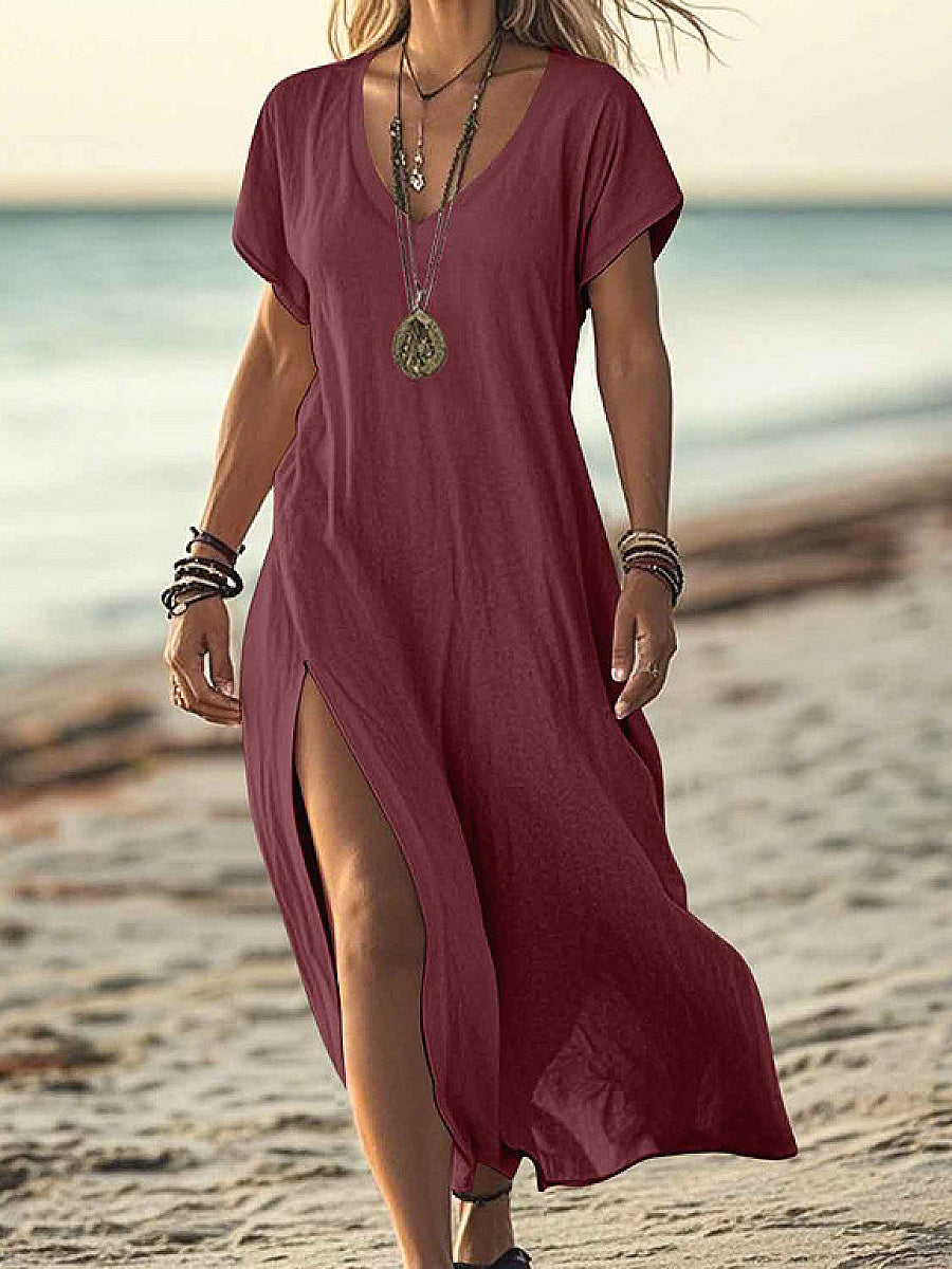 Loose Solid Color V-Neck Short Sleeve Dress
