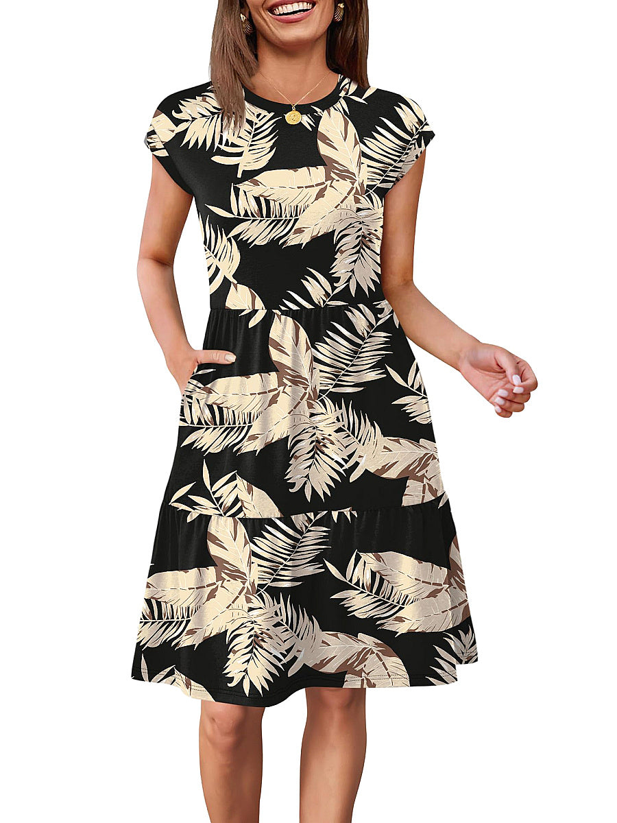 Fashionable Printed Dress with Cap Sleeves