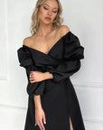 Elegant Black V-Neck Lantern Sleeve Dress