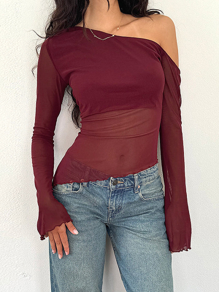 Fashionable Casual Sheer Shoulder Long Sleeve Top