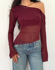 Fashionable Casual Sheer Shoulder Long Sleeve Top