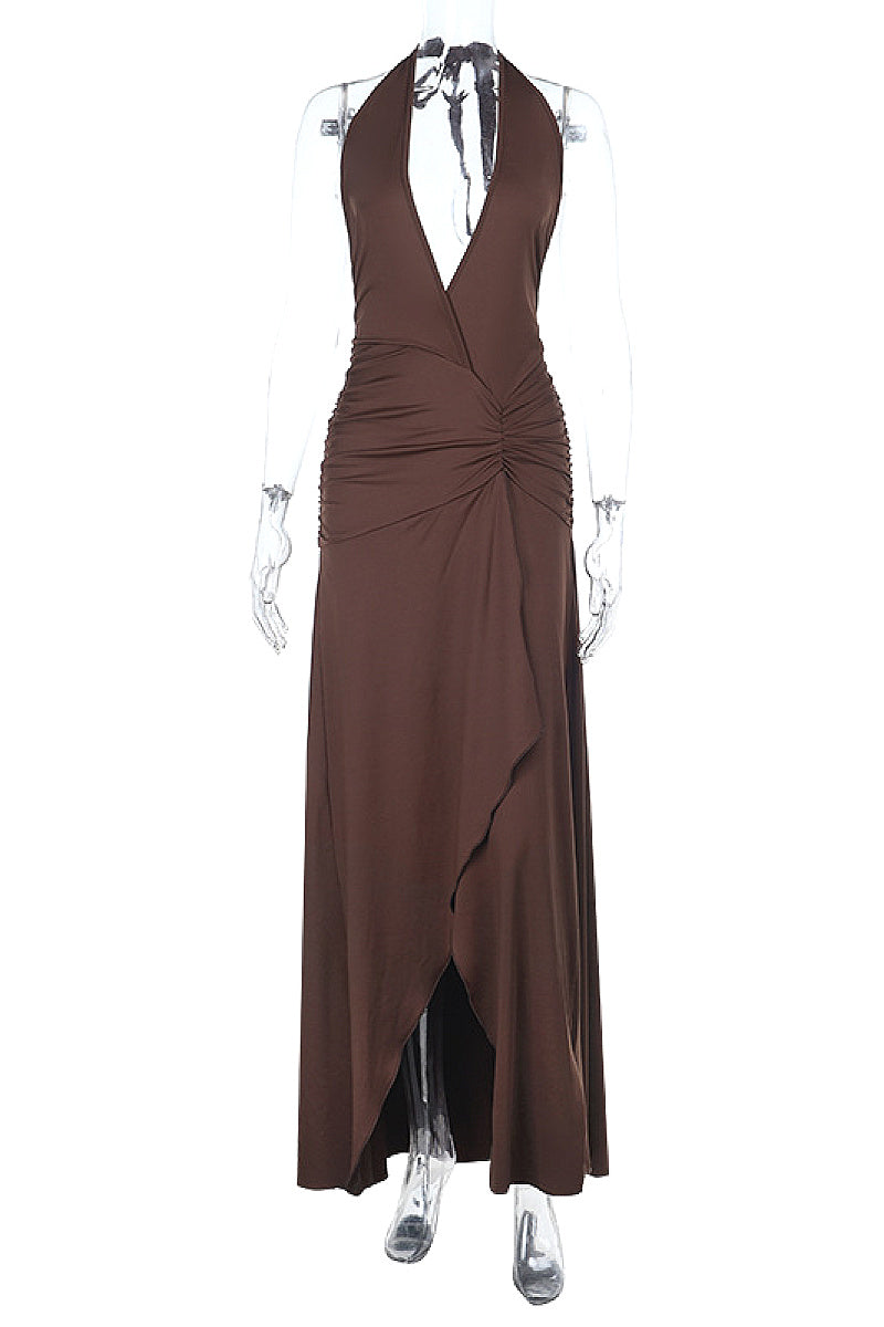 Deep V Neck Ruffle Hem A-Line Dress