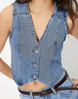 Fashionable Women's V-Neck Denim Vest