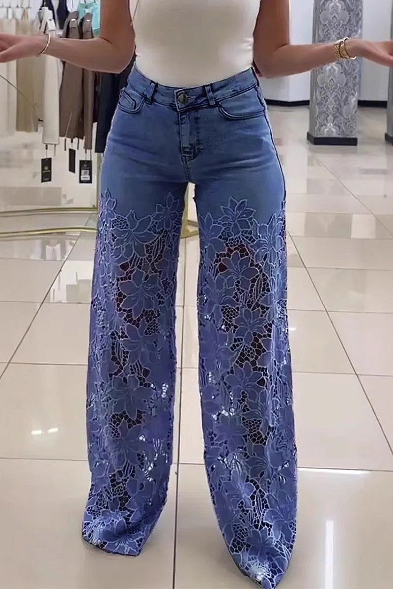 High Waist Lace Inset Straight Leg Jeans