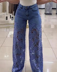 High Waist Lace Inset Straight Leg Jeans