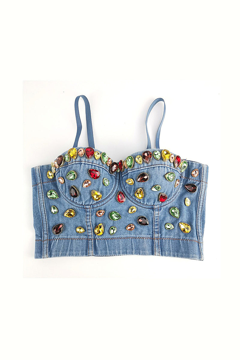 Youthful Denim Crop Top with Rhinestones
