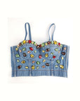 Youthful Denim Crop Top with Rhinestones