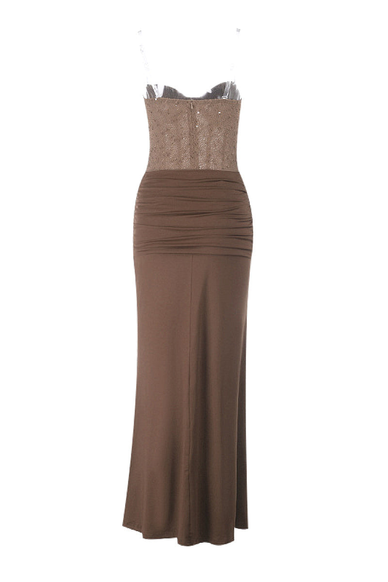 Elegant Strapless Long Dress with Waist Tie