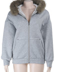 Black Hooded Sweatshirt with Fur Collar for Women
