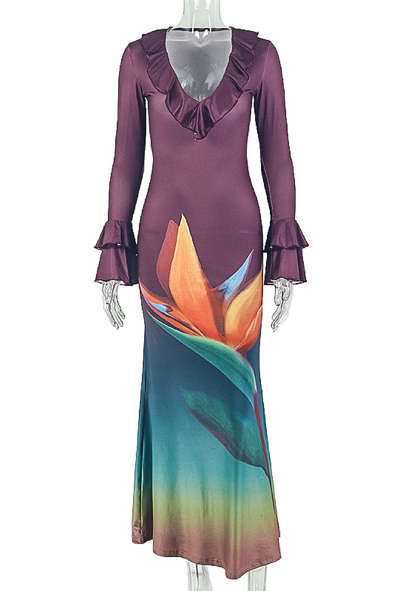 Chic V-Neck Color Block Bodycon Maxi Dress