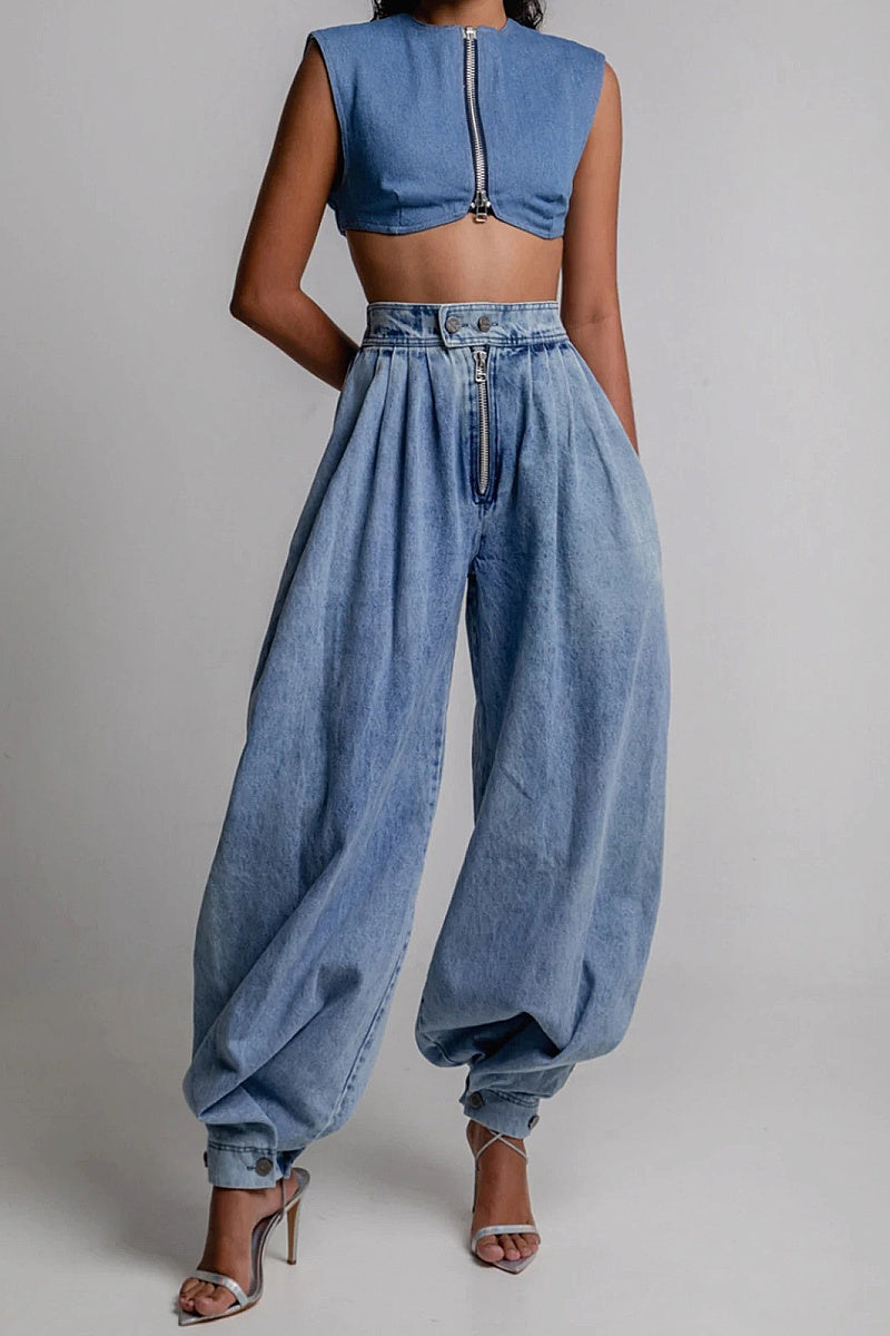 High Waist Zipper Cuffed Denim Pants for Women