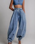 High Waist Zipper Cuffed Denim Pants for Women