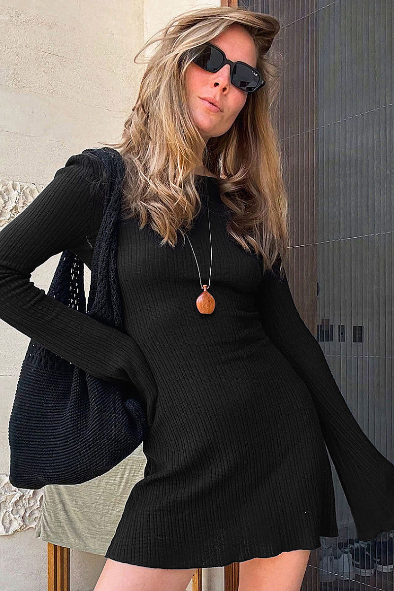 Elegant French Knit Backless Dress with Bell Sleeves