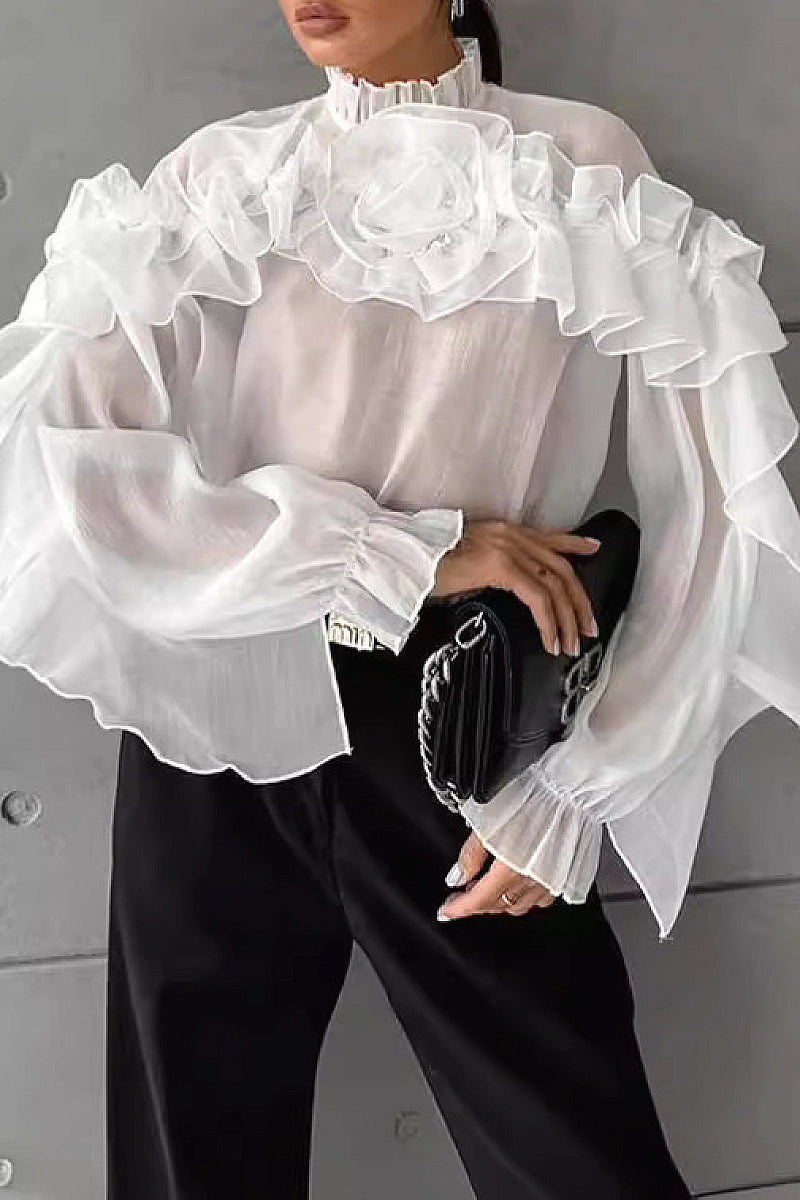 French Style Summer Sheer Collar Blouse with Ruffles