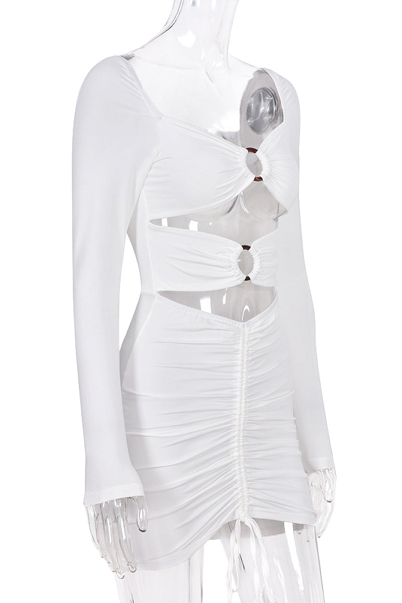 Summer Sexy Drawstring Hollow Square Neck Long Sleeve Dress
