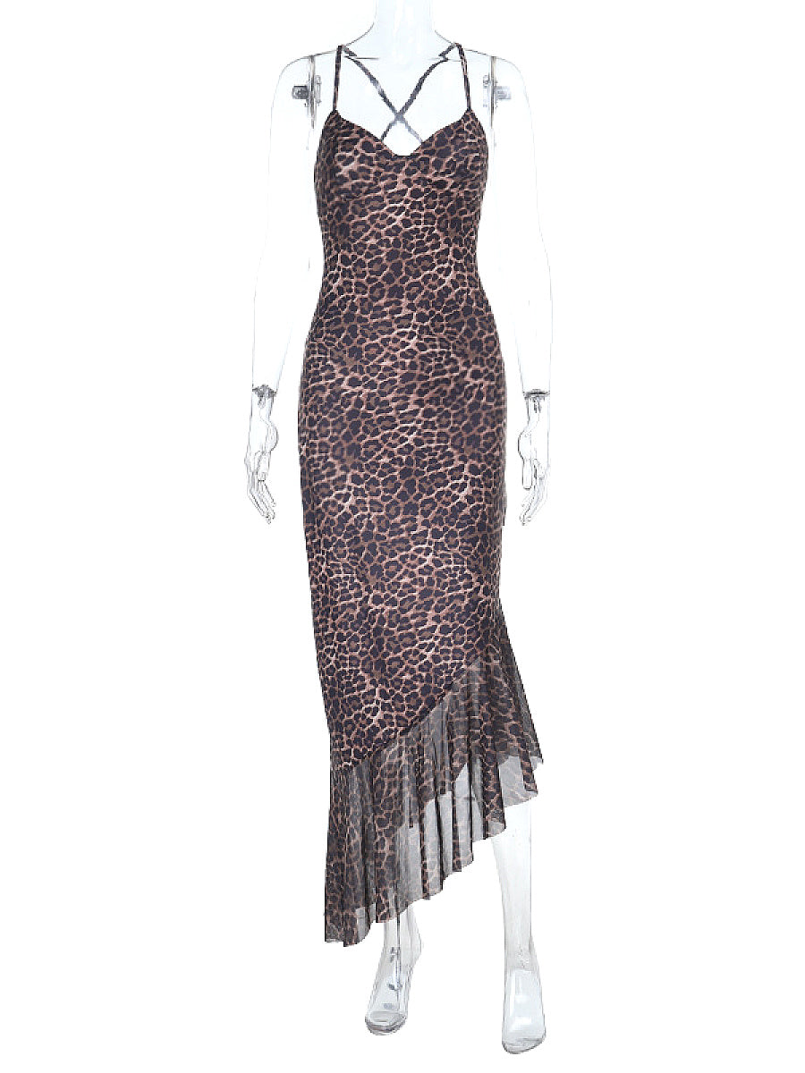 Summer Sexy Backless Leopard Print Ruffle Dress