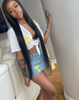 High Waist Denim Fringe Skirt with Embroidery