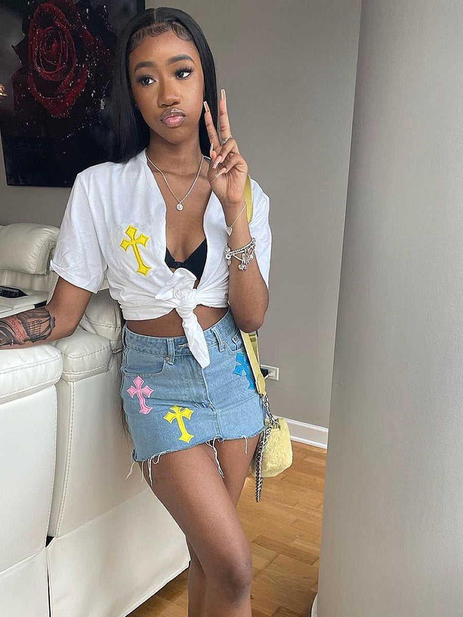 High Waist Denim Fringe Skirt with Embroidery