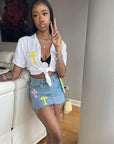 High Waist Denim Fringe Skirt with Embroidery