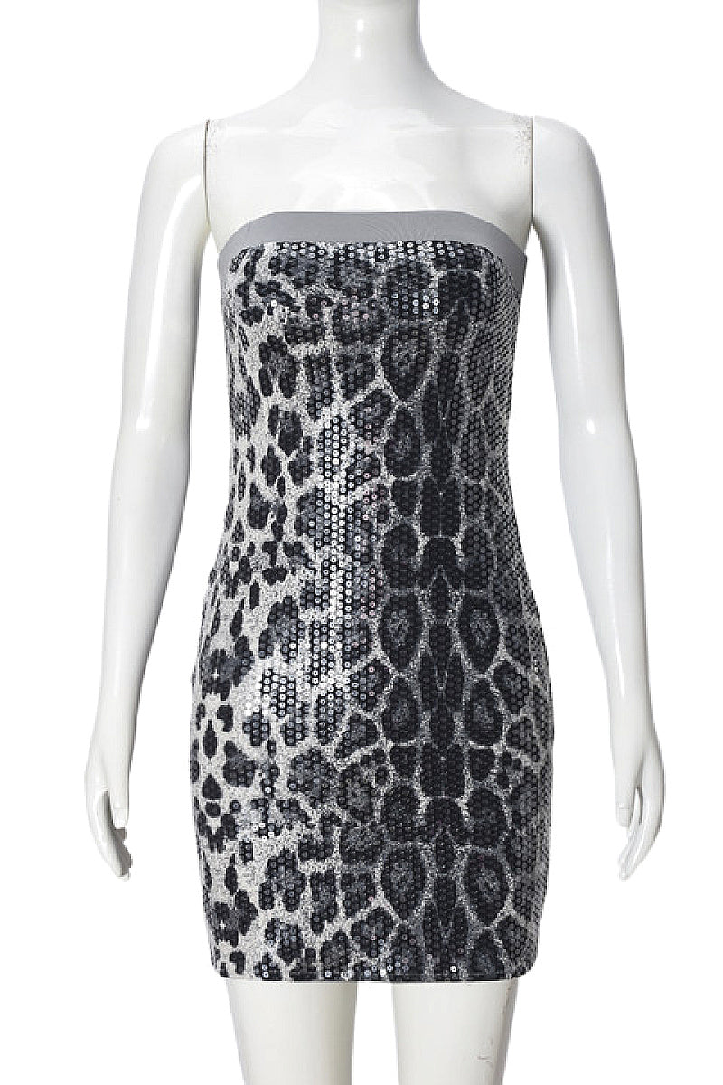 Color Block Sequin Leopard Print Strapless Dress
