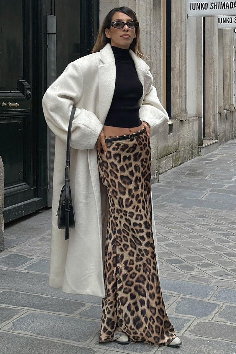 Elegant Satin Leopard Print Midi Skirt