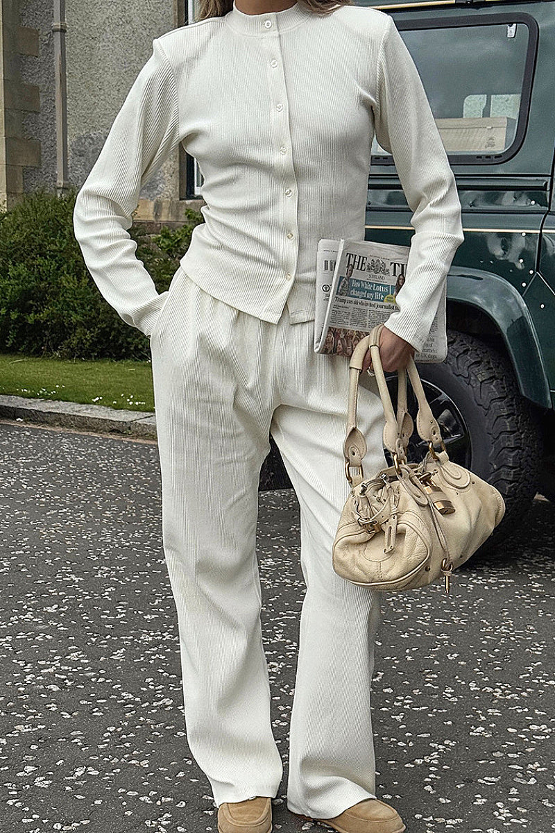 Stylish Solid Color Button Top and Long Pants Set