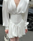 Elegant Vintage Autumn White V-Neck Lantern Sleeve Dress