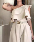 New Elegant Beige Ruffled One-Shoulder Jumpsuit