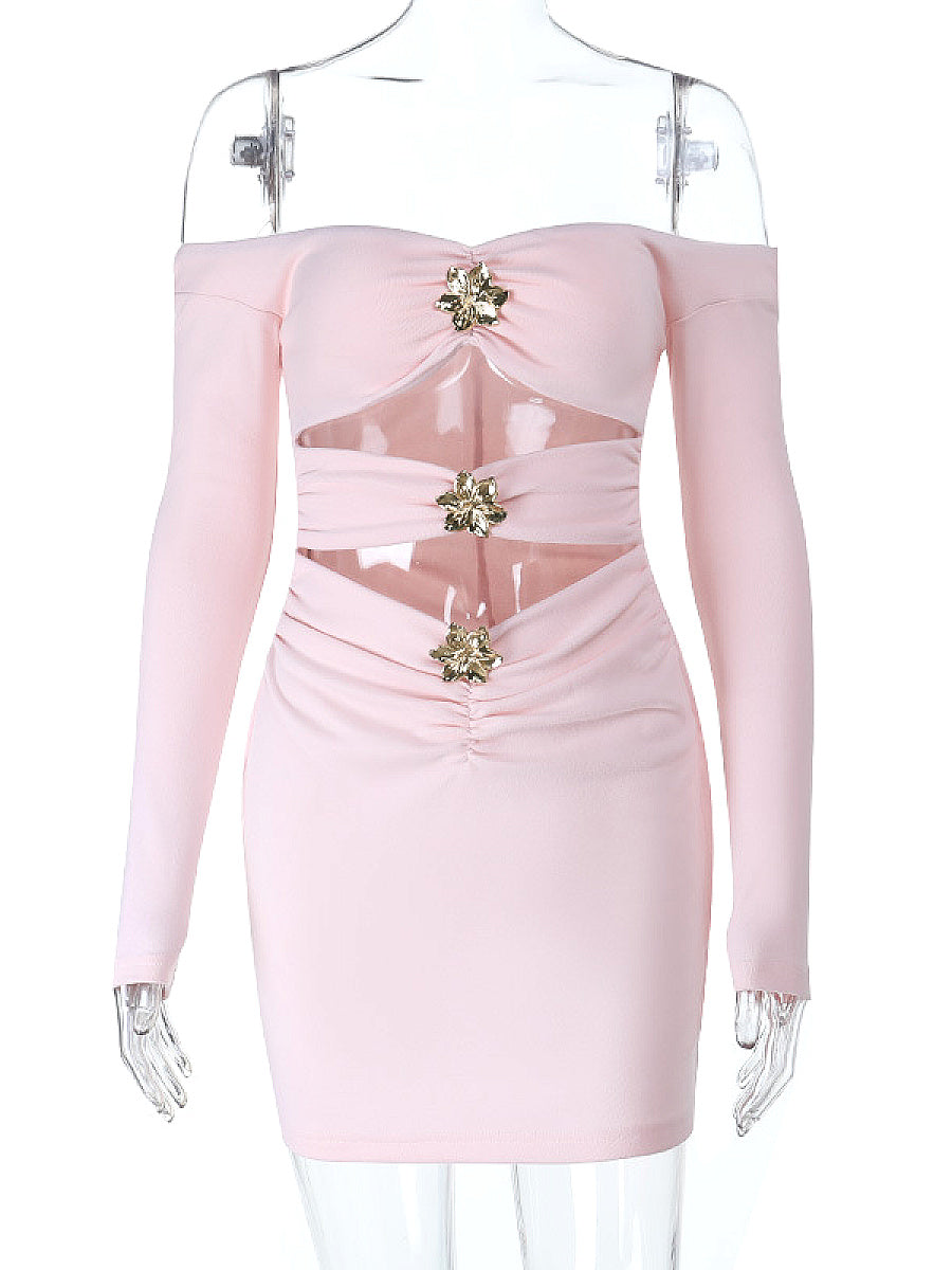 Elegant Off-Shoulder Ruched Dress with Floral Buttons