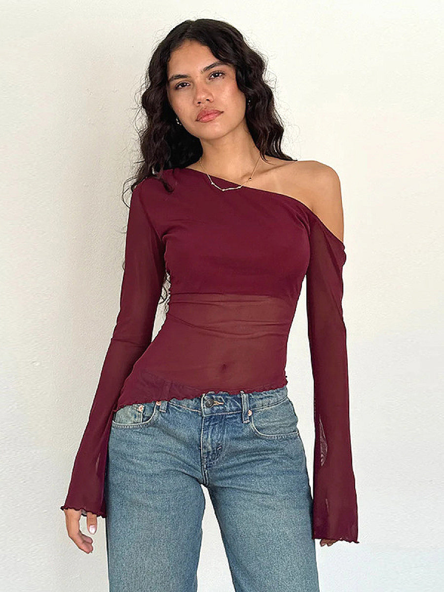 Fashionable Casual Sheer Shoulder Long Sleeve Top