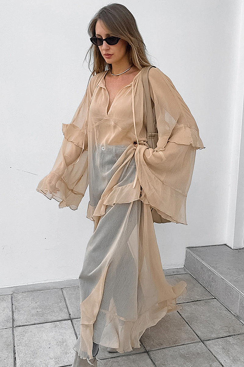 Chic Sheer Chiffon Batwing Sleeve Dress