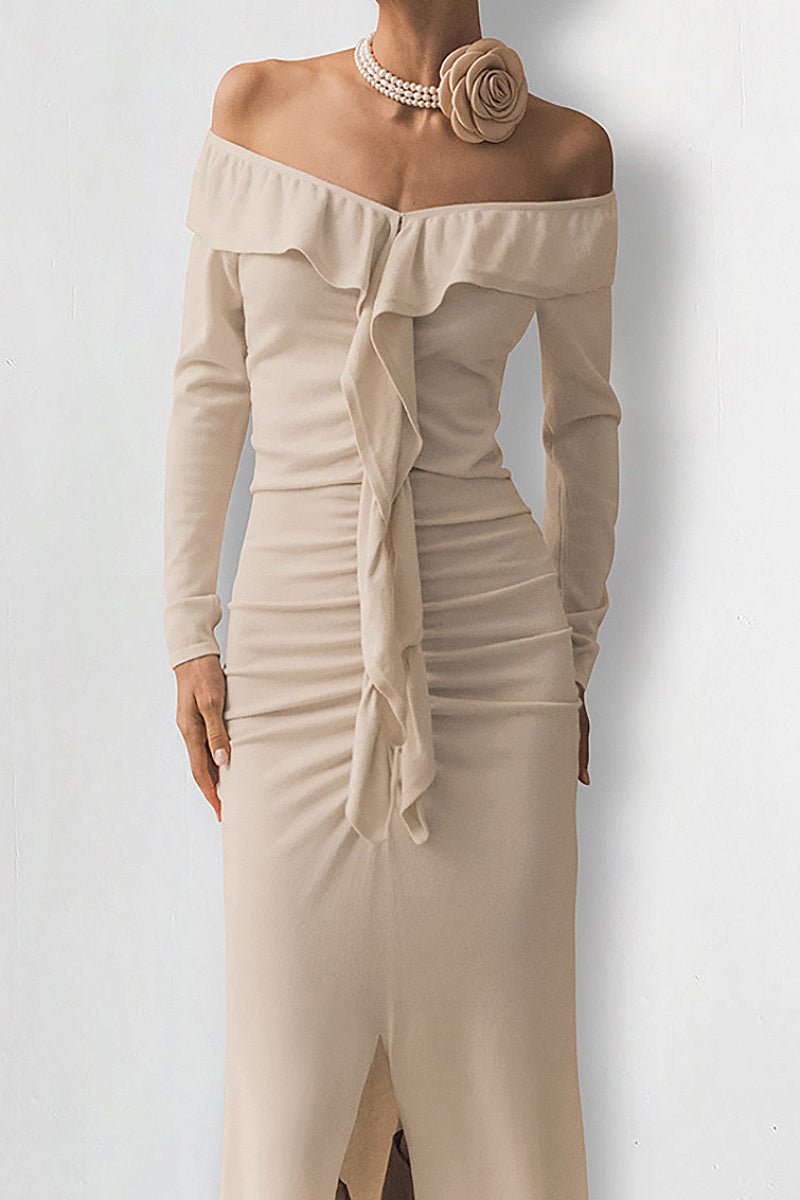Elegant Off-Shoulder Split Dress with Ruffle Hem