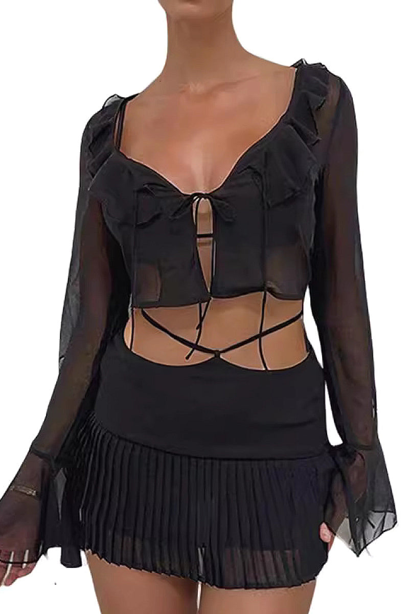 Chic Ruffled Long Sleeve Chiffon Top and Skirt Set