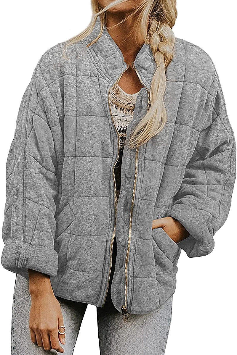 Solid Color Stand Collar Cotton Jacket for Women