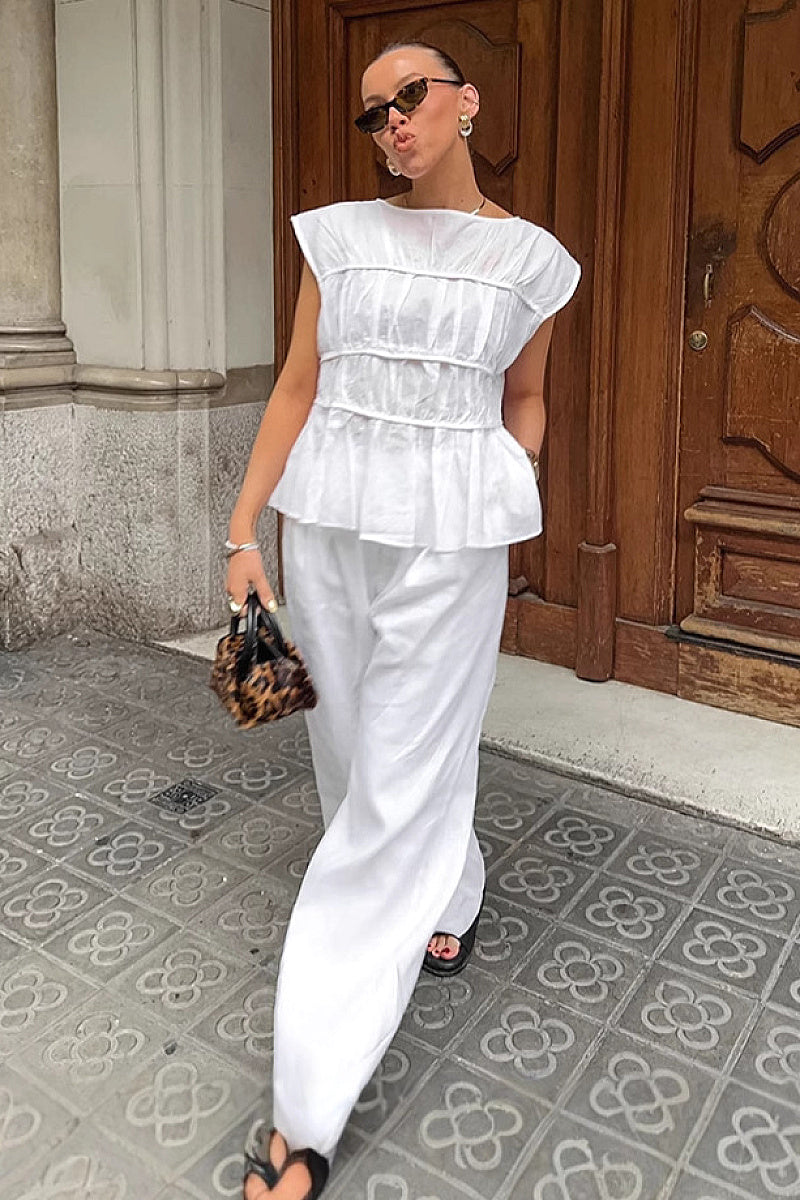 Elegant White Cotton Linen Two-Piece Set