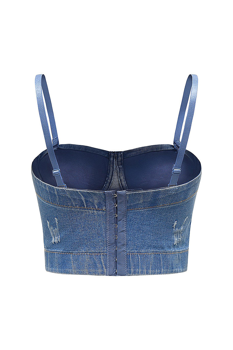 Youthful Denim Crop Top with Rhinestones