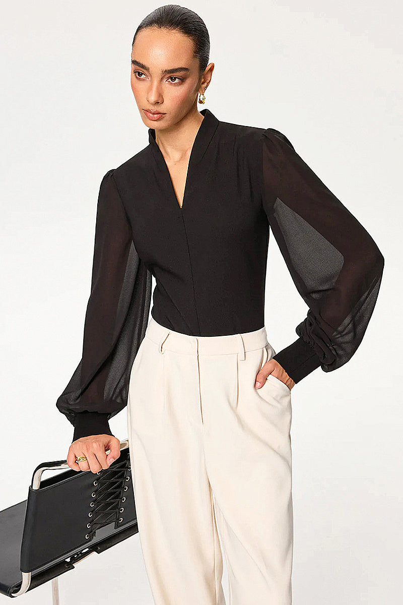 V-Neck Sheer Long Sleeve Blouse for Women