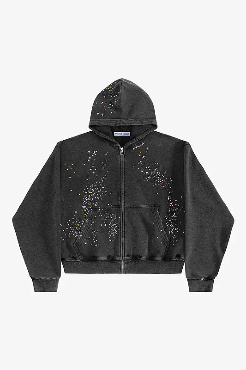 Trendy Loose-Fit Zip-Up Hoodie with Rhinestones