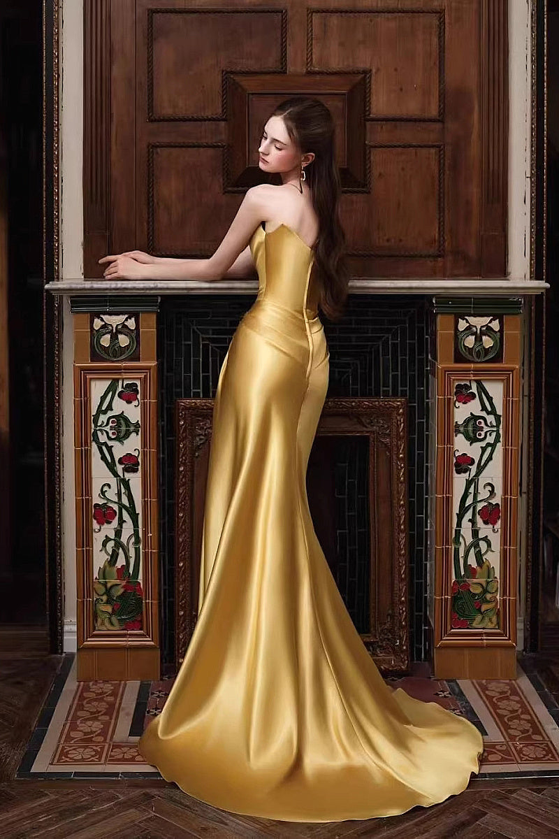 Elegant Gold Strapless Evening Gown for Women