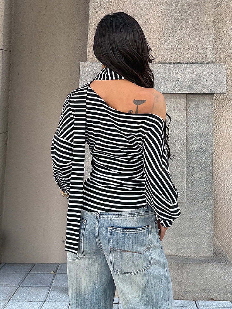 Fashion Striped Asymmetrical Long Sleeve T-Shirt