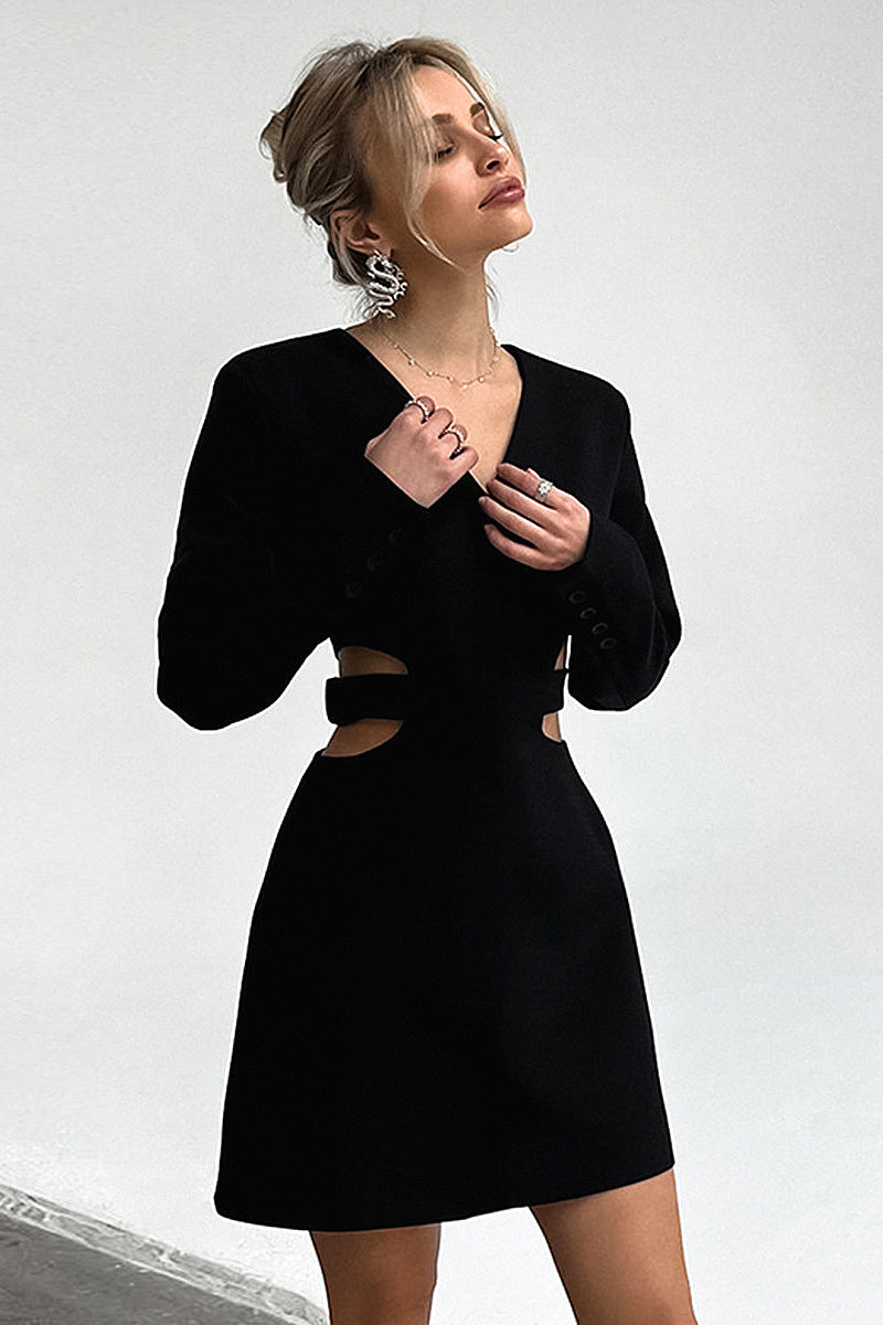 Chic V-Neck Hollow Long Sleeve Dress