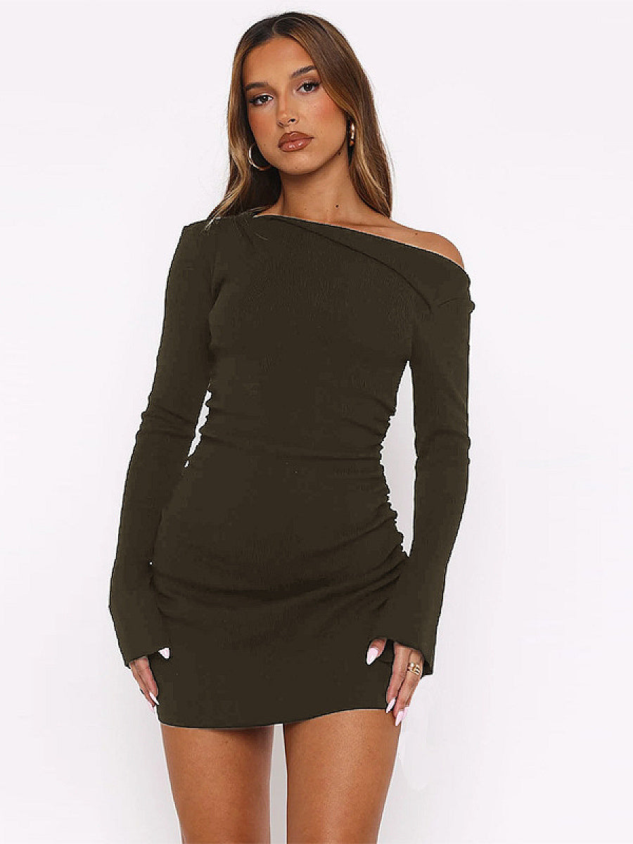 Off Shoulder Long Sleeve Drawstring Mini Dress